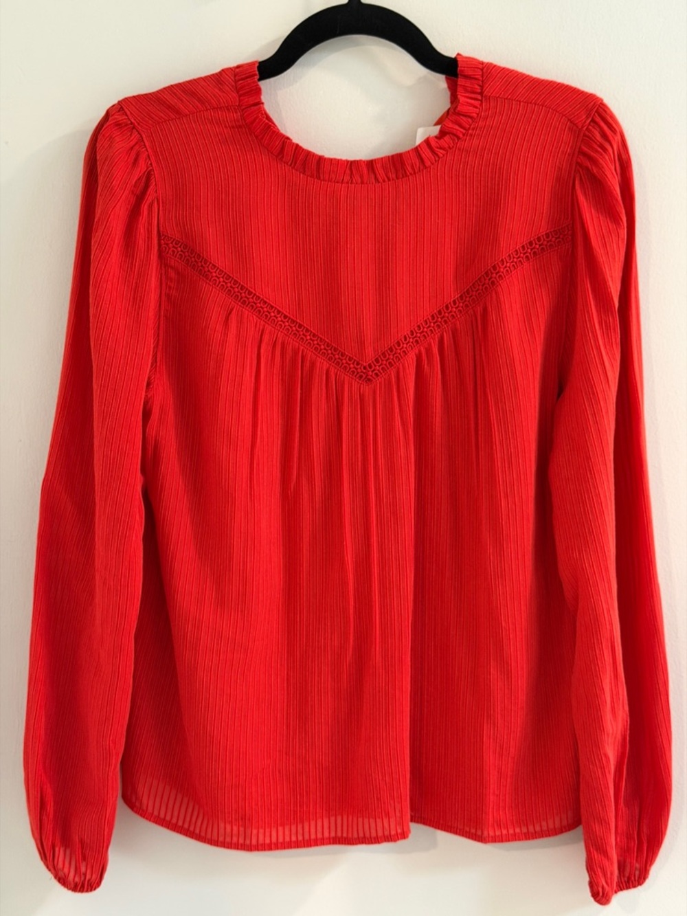 LOFT Red Textured Blouse Long Sleeve Ruffle Neck Top NWT Size Small